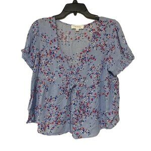 Pink Rose Boho V-Neck Peplum Floral Smocked Short Sleeve Tie Blouse - Size M
